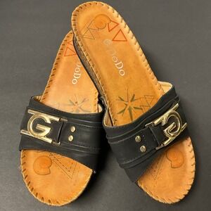 DoDo Slide Sandals Women's 8.5 Black Wedge Gold Buckle Studded